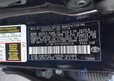 2017 Toyota Camry Se из США, поврежденный, VIN 4T1BF1FK7HU356726